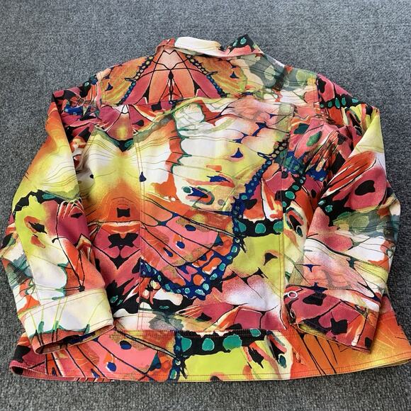 Chico’s Jacket Womens 3 Multicolor Butterfly Abstract Watercolor Snap Button - Picture 2 of 13